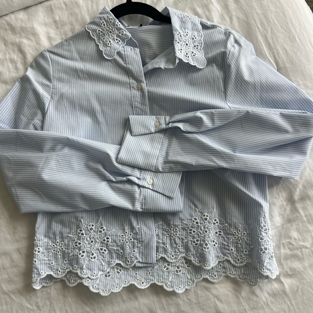 Light Blue Pinstripe Shirt with Eyelet Trim